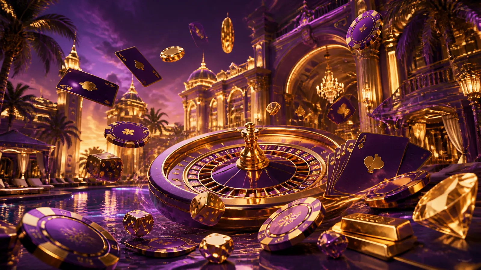 Luxury casino hero banner with floating poker chips and roulette wheel, featuring glowing accents in a two-color palette for 